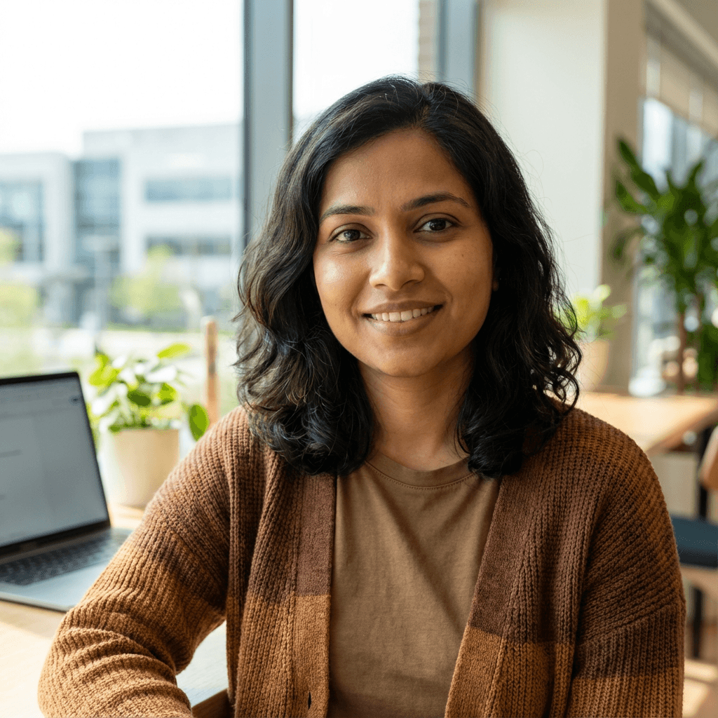 Priya Sharma smiling in her renovated kitchen
