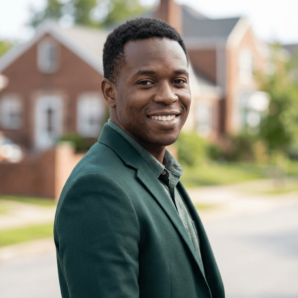 James Okafor standing in his updated living room