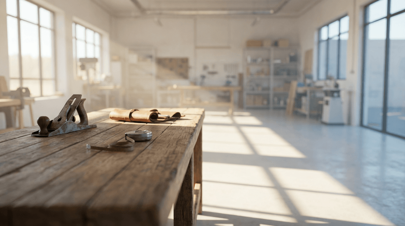 Tidy renovation workspace with organized tools and swept floors