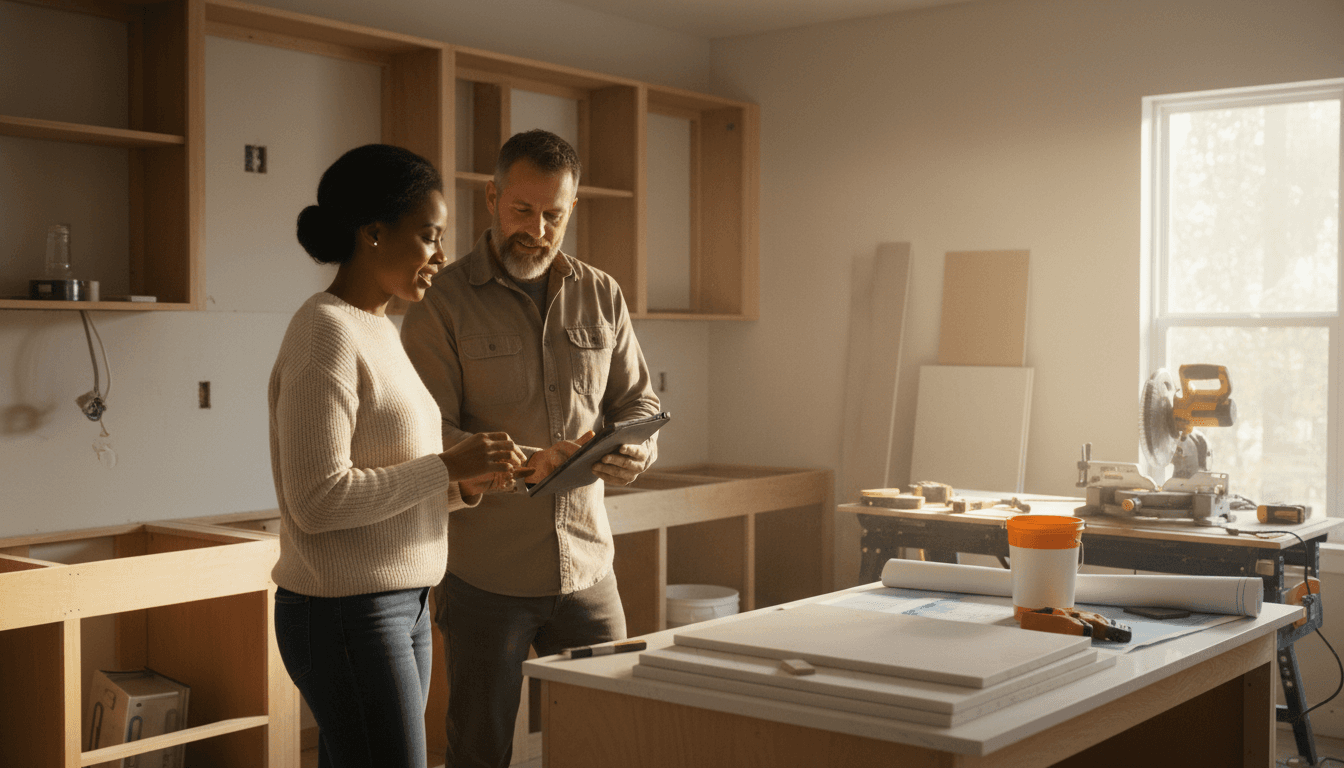 Renovation consultant showing a homeowner a layout plan during a consultation