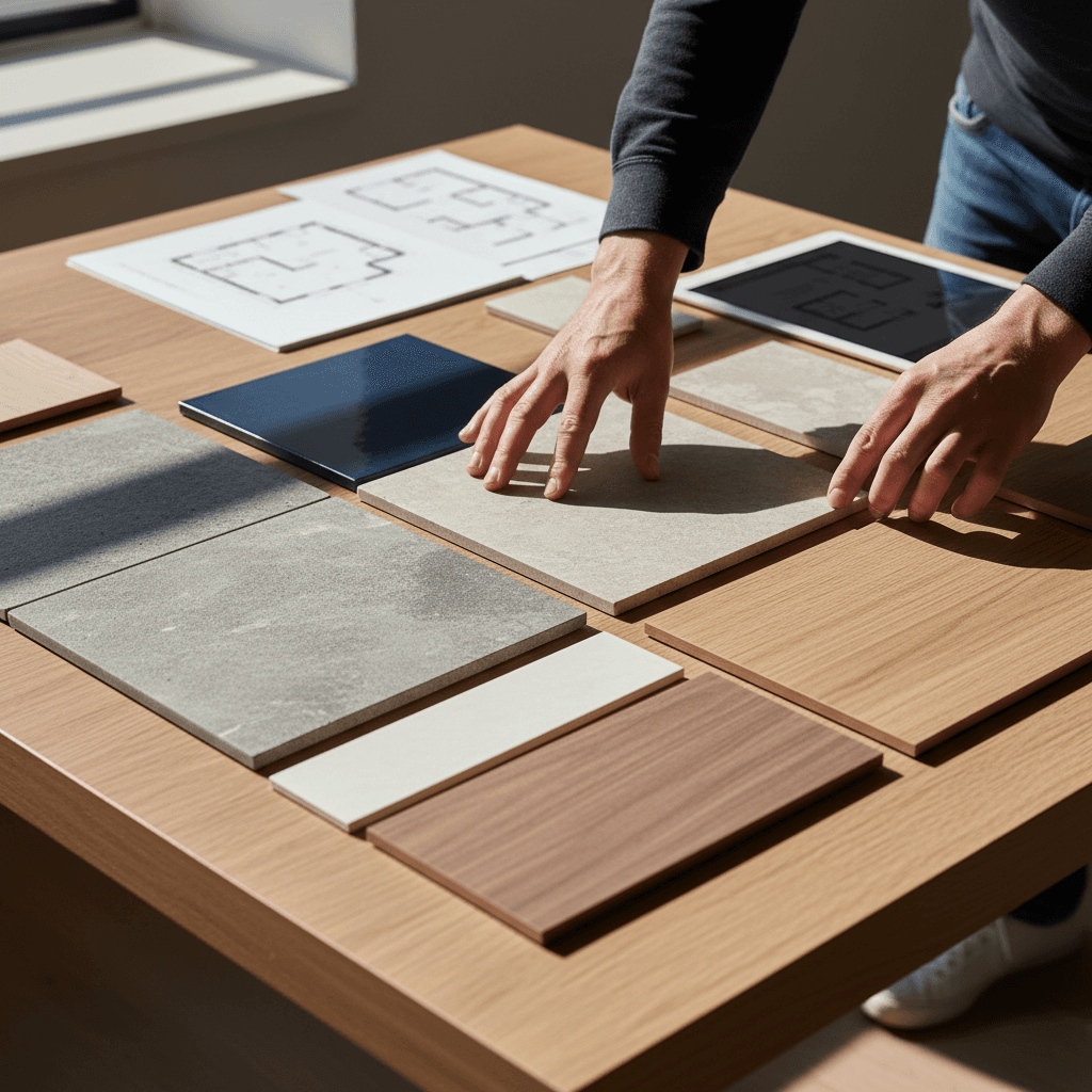 Hands reviewing flooring, tile, and paint samples spread on a table