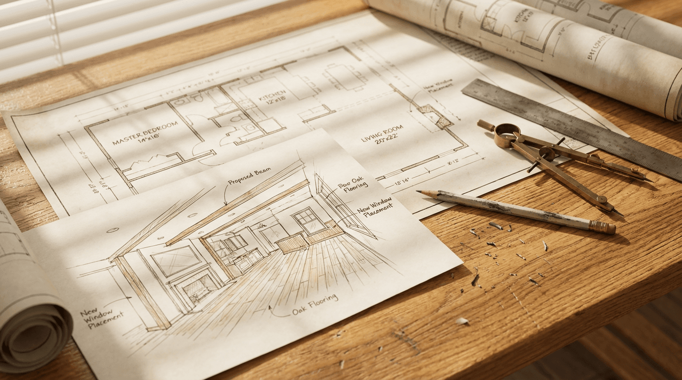 Renovation crew reviewing project plans on a tablet inside a home