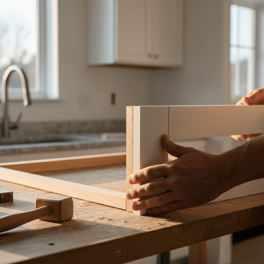 Contractor installing a cabinet door with a level in a bright kitchen